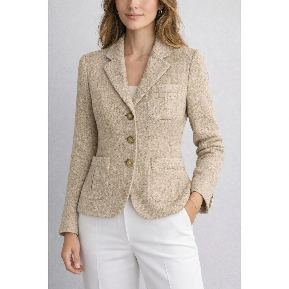 Lauren Ralph Lauren Petite Tan 100% Silk Textured Blazer‎ Jacket Size 2P